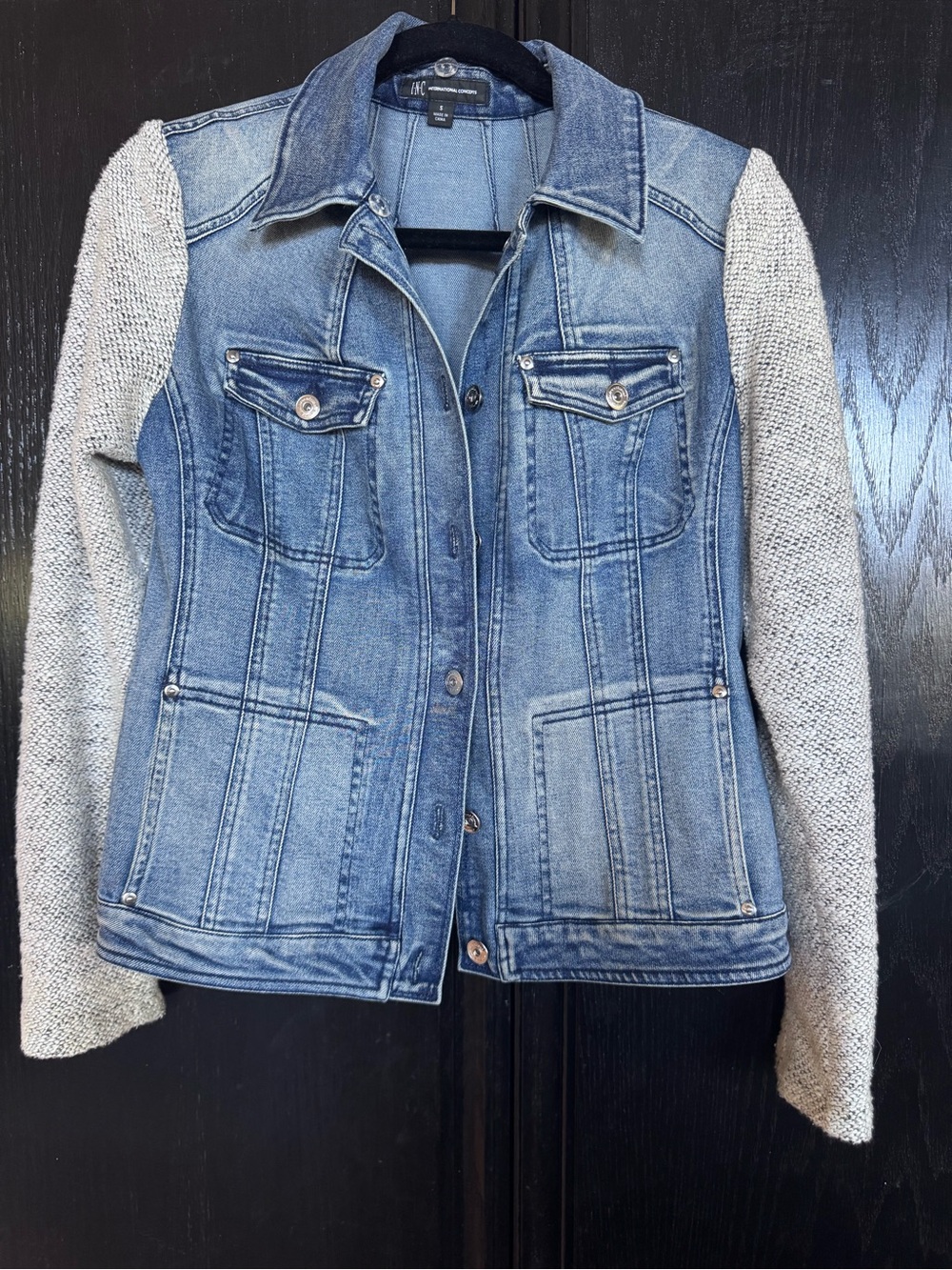INC International Concepts Denim Jacket with Cream Knit Sleeves